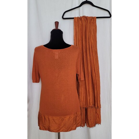 Soft Surroundings Rust Burnt Orange Knit Top W Silk Trim & Silk Scarf Womens PL - Picture 5 of 8